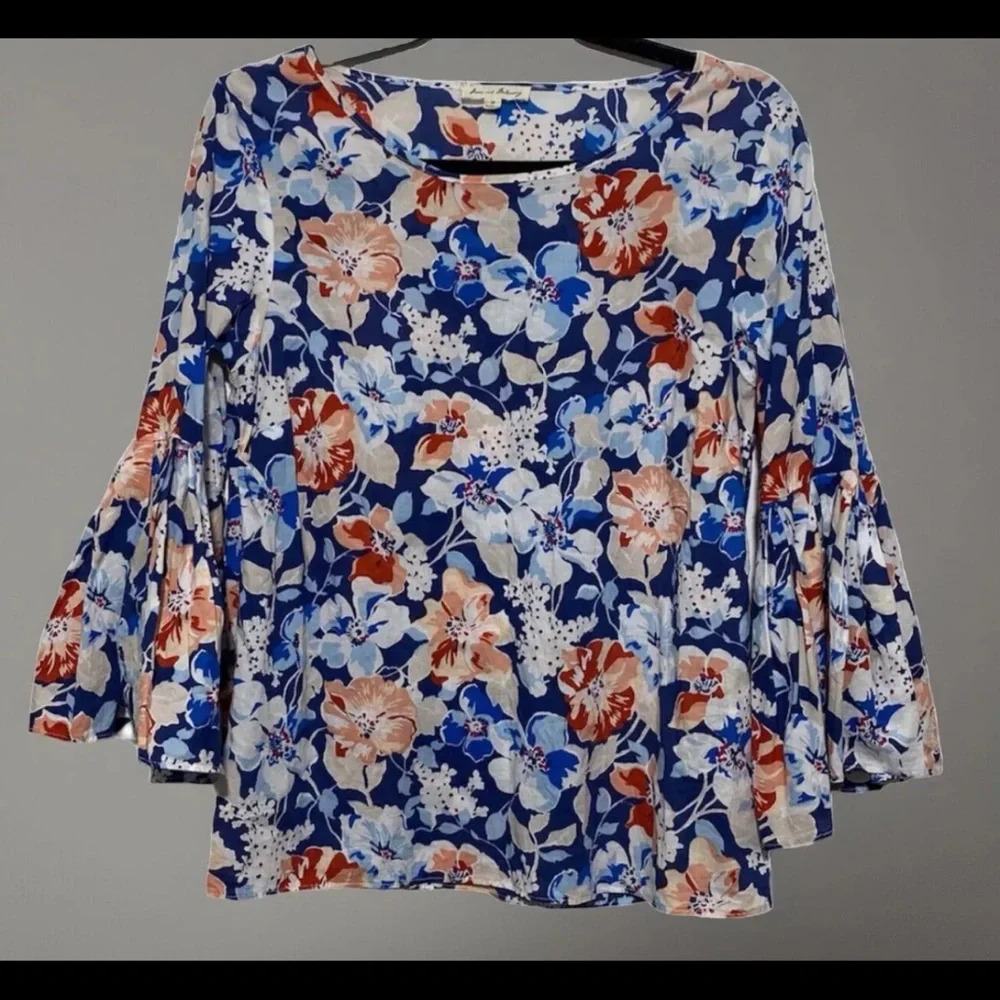 NWT Jane and Delancey 3/4 Bell Sleeves Floral Flower Shirt Blouse XL Pink Blue